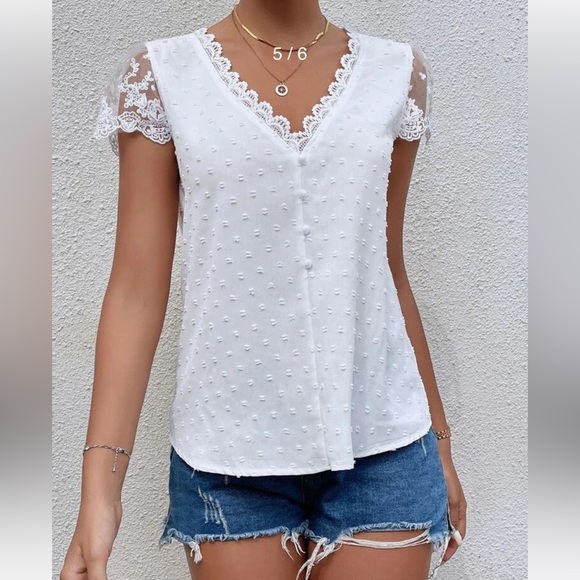 Tops - Swiss Dot Guipure Lace Detail Contrast Embroidered Mesh Blouse